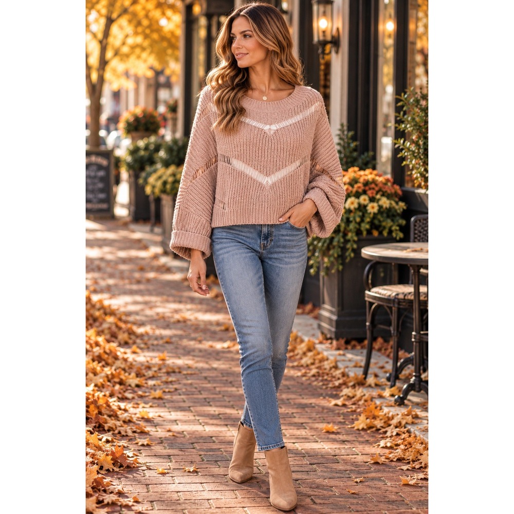 Pol Mauve Pink Chunky Knit Chevron Openwork Sweater Small Oversized NWT
